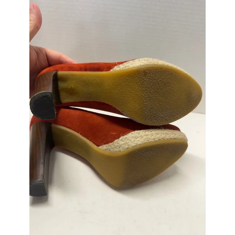 Boss Orange Burnt Orange Suede Peep Toe Platform Espadrille Block Heels 39 8.5